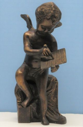 Vintage Heavy Brass Bronze Cherub Angel Writing On Tablet