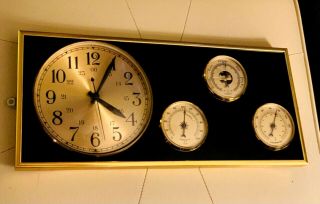 Vintage Mid Century Modern Wall Clock And 3 Dial Weather Station Brass France