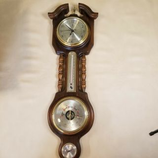 Carrington Vintage Barometer Thermometer Hygrometer With Clock And Wood Case