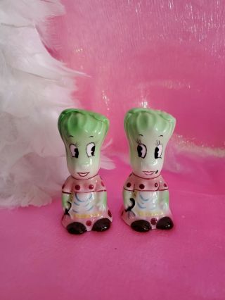 Vintage Py Miyao Anthropomorphic Lettuce Salt And Pepper Shakers