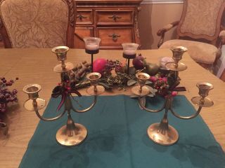 Vintage 3 Cup Brass Candelabra Holiday Candle Holder 9.  5 " High X 8 " Wide