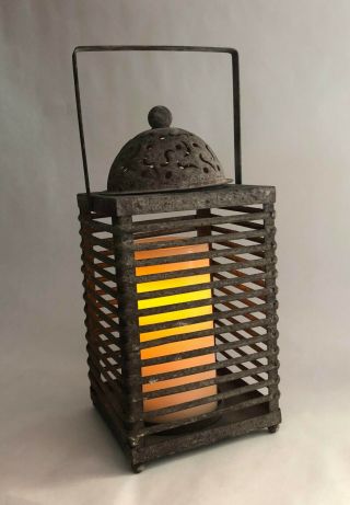 Vintage Asian - Style Slated Metal Lantern With Lift - Off Lid