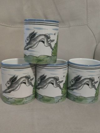 Vtg Set Of 4 Le Lapin Rabbit Bunny Mug Coffee Cup Handpainted Signed Ce Coroy