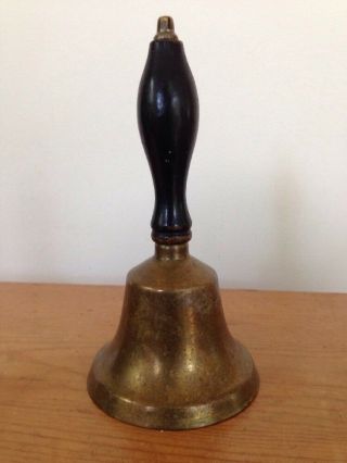Vtg Antique Rural Schoolhouse Teacher School Brass Bell Dark Wooden Handle 3 "
