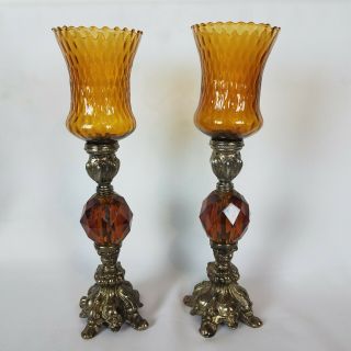 2 - Vintage Amber Glass Cast Metal Tall Candle Holders Votive Mexico 14 " Mcm