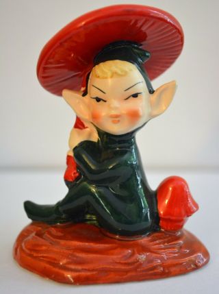 Vintage Hand Painted Lefton Green Pixie Elf Seated Under Red Toadstool