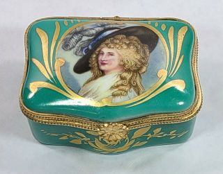 Vintage Limoges Porcelain Portrait Trinket Box Hinged Lovely Green And Gold