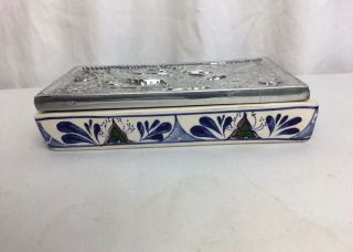 Vintage Blue & White Rectangular Ceramic Box W/ Silver Lid Made In Mexico