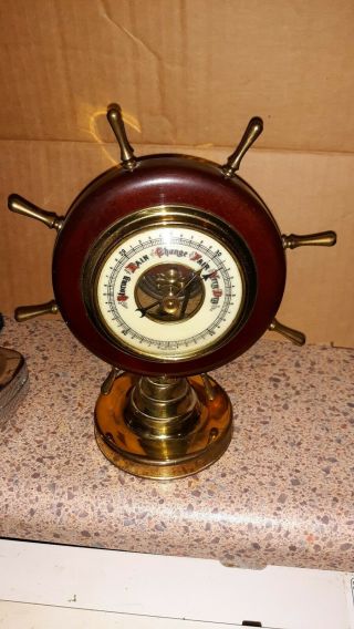 Vintage West Germany Exposed Movement Barometer Brass & Wood 7 " Ships Wheel