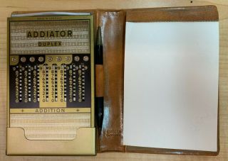 Vtg Addiator Duplex Mechanical Calculator W/ Leather Case Stylus Tablet