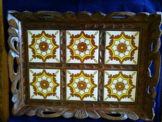 Vintage Hand Carved Wood Serving Tray Inlaid With 6 Ceramic Tiles 19.  5 “ X 14”
