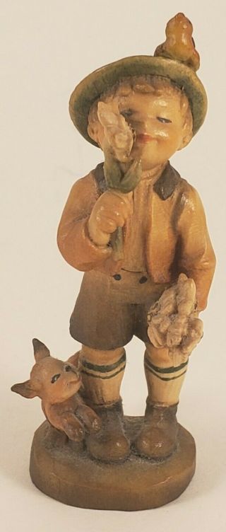 Vintage Anri Ferrandiz 3 1/2 " Wood Carved " Edelweiss " Boy Flower Figurine