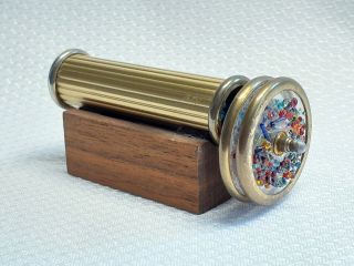 Vtg Small Brass Colored Glass Kaleidoscope On Wood Stand