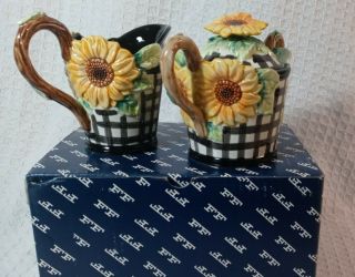 Vintage Fitz And Floyd Black Checkered And Sunflower Sugar And Creamer 1992