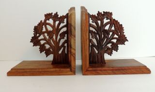 2 Vintage Carved Wood Tree Of Life Bookends Maple Autumn Farmhouse Arts & Crafts