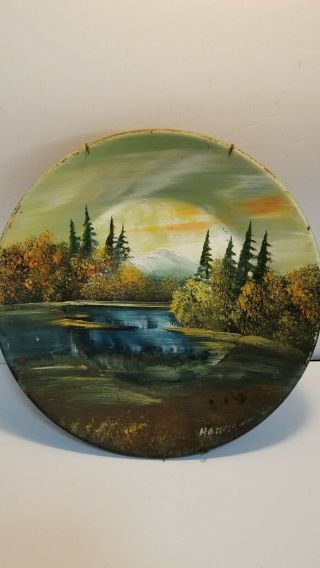 Gold Mining Pan Hand Painted Mountain Lake Scene Signed By Artist 12 " Vintage