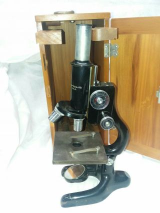 Antique 1915 Bausch & Lomb Compound Microscope W/mechanical Stage & Storage Box