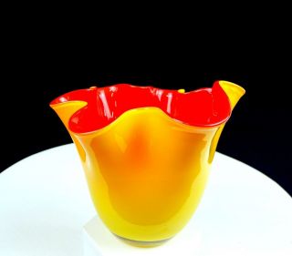 Gorgeous Designs China Cased Glass Yellow Red Handkerchief 5 " Vase Orig Sticker
