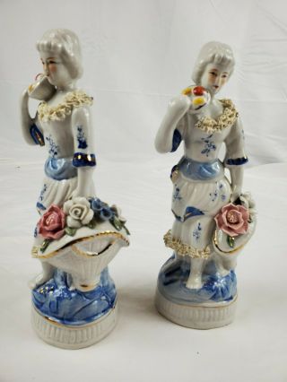 Blue And White Porcelain Colonial Figurine Woman With Basket Of Flowers And.