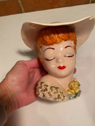 Vintage Lady Head Vase Glamour Girl Lucille Ball Large Hat W Gold Bow Glamorous