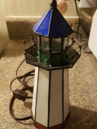 Vintage Tiffany Style Stained Glass Nautical Lighthouse Lamp 1970 