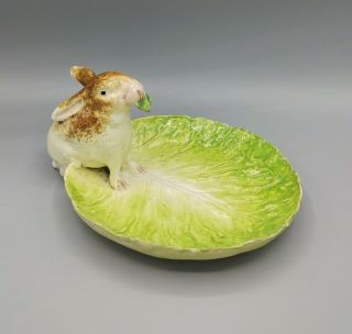Antique Italian Napoli Crown M Majolica Pottery Lettuce Cabbage Rabbit Dish