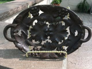 Antique Black Forest Grapes & Leaves Hand Carved Wood Tray W Handles 11 " X 7 "