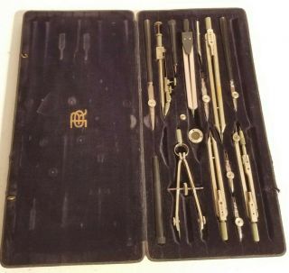 Vintage E O Richter & Co Pracision Drawing Instruments Drafting Set Compass Case
