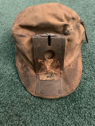 Vintage Coal Miners Hat Cloth Canvas W/ Carbide Lamp Holder