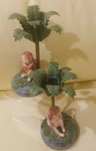 Hollywood Regency Petite Choses Ceramic Monkey & Palm Tree Candlestick Set Of 2