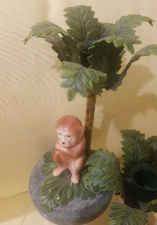 Hollywood Regency Petite Choses Ceramic Monkey & Palm Tree Candlestick Set of 2 3