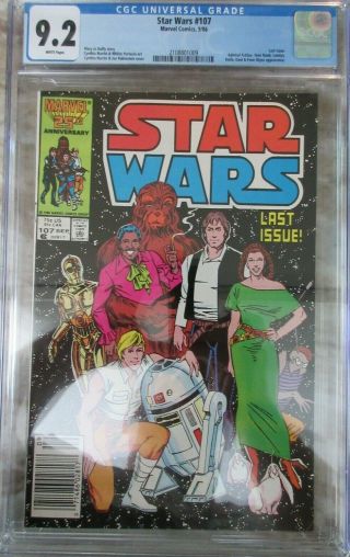 Star Wars 107 Last Issue Cgc 9.  2 White Pages 1986 Marvel Comic Book