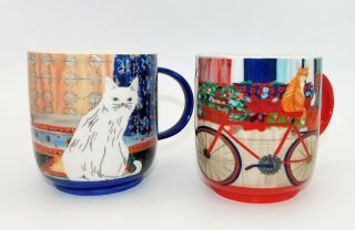 Pair 2 Retired Anthropologie Ceramic Cat Coffee Tea Mug Cup Blue Red 12 Oz