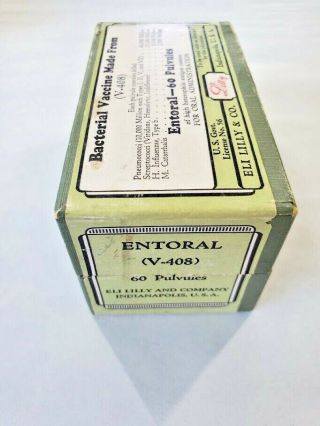 Vintage Eli Lilly Bacterial Vaccine V - 408 Entoral 60 Pulvules Box Circa 1949