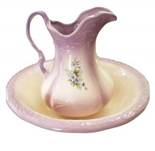 Lavendar Floral Porcelain Water Pitcher And Wash Bowl/basin