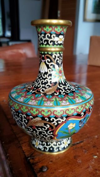 Antique Finely Made Cloisonne Vase With Birds & Flowers 6 " Tall