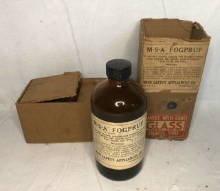 Vintage Msa Mine Safety Appliances Co Pittsburgh Amber Glass Bottle Fogpruf Box