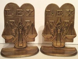 Vintage Lex Law Solid Brass Book Ends Legal Lawyer Scales Of Justice