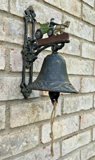 Vintage Heavy Wall Mount Cast Iron Dinner Bell With Driver Buggy Carriage Coach