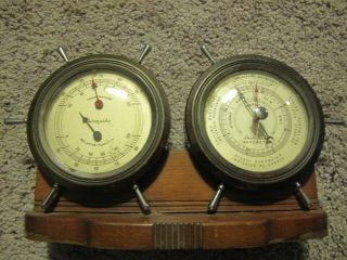Vintage Airguide Two Ship Wheel Weather Station Thermometer Barometer Hygrometer