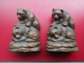 Fab Vtg Htf Pair Syroco Wood Bookends◾ Brown She - Bear With Playful Cub