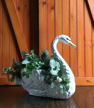 Vintage Extra Large White Ceramic Swan Planter