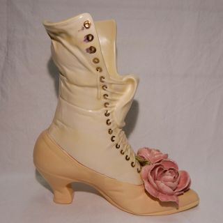 Ceramic Victorian Lace Up Boot Shoe With Roses,  Vase / Planter