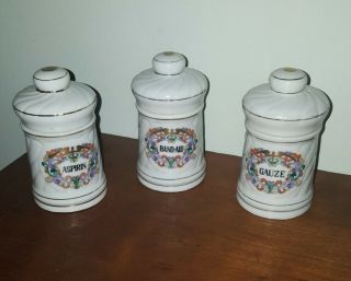 Apothecary Jars Ceramic Vintage,  Covered,  Set Of 3,  Gold Trim