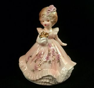 Vintage Josef Originals Figurine Girl Lady W/ Birthday Gift Present 4 " Cute