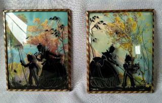 (2) Vintage Framed Silhouette Picture Reverse Painting Convex Glass Mother&child