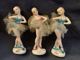 Set Of 3 Vintage Ballerina Figurine Japan Ceramics By Sonsco Hand Painted W Tutu