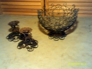 Vintage Gothic Black Wrought Iron Basket And Candle Set