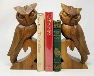 Vintage Carved Wood Owl Bookends Mcm Rustic Birds Of Prey