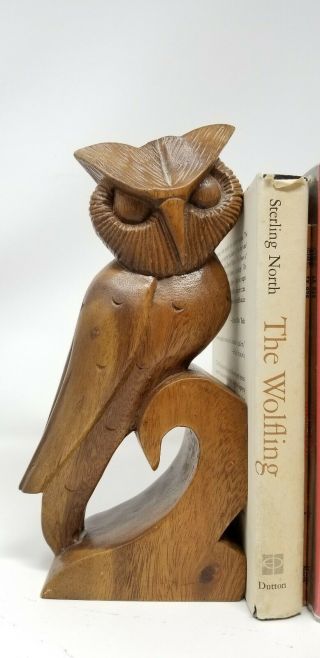 Vintage Carved Wood Owl Bookends MCM Rustic Birds of Prey 2